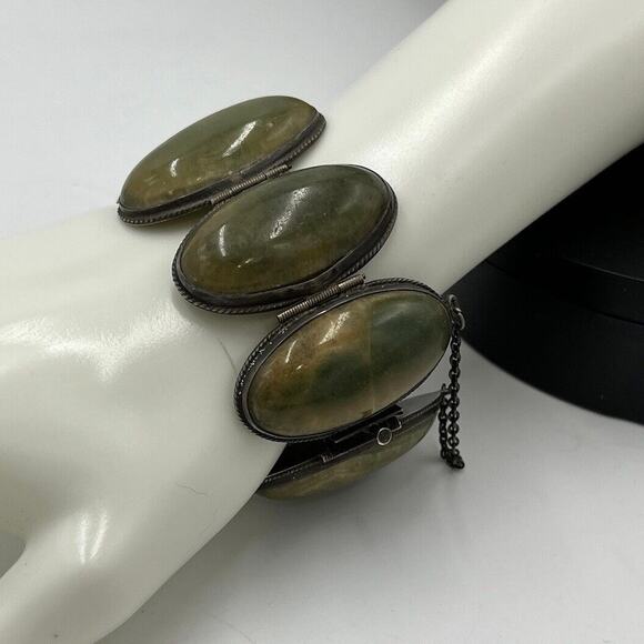 Navajo Mexico Sterling Silver Green Cabochon Domed Safety Chain Bracelet 125 gm - Picture 8 of 8